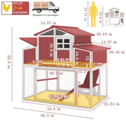 Large Chicken Coop Outdoor with Run, Hen House with Nesting Boxes, Rabbit Hutch Poultry Bunny Cage for 2-4 Chickens with Perches, Removable Tray (Red Chicken Coop 56.3" L x 35.24" W x 52.8" H)