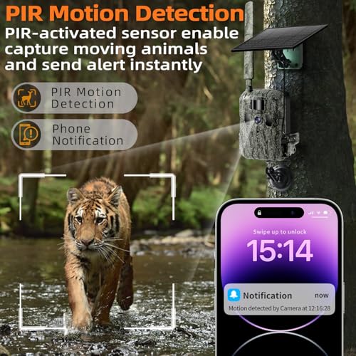 4G LTE Cellular Trail Camera 2K with Live Streaming,24000mAh Long Battery Life,Solar Powered Game Wildlife Cameras,Motion Activated,940nm No Glow Night Vision,IP66 Waterproof (Camera with 64GB) - size: Camera with 64GB