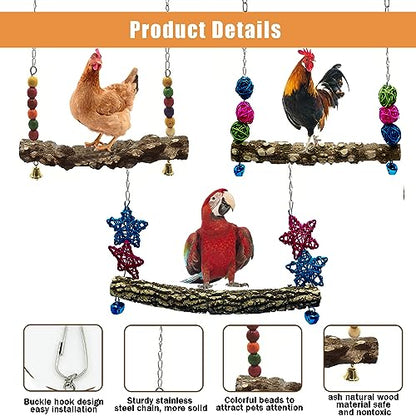 Chicken Bird Swing,Chicken Perch,Natural Wooden Swing Toys,Wood Stand for Chick,Safe and Relief of Stress,Chicken Coop Accessories,Coop Swing for Chicken Bird,Parrot,Hens (3PCS) - color: 3pcs