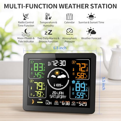 Weather Stations Wireless Indoor Outdoor Thermometer with Multiple Sensors, 7.5" VA Display Weather Forecast Station with Atomic Clock, Temperature, Humidity and Adjustable Backlight for Home