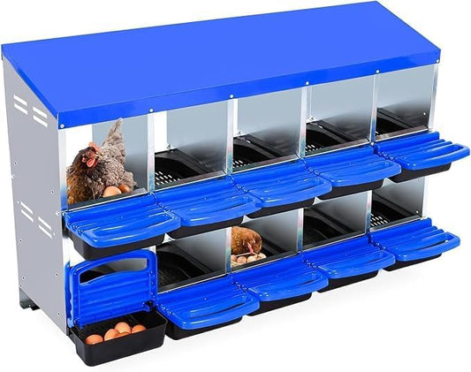 [10-Pack] Chicken Nesting Boxes for Hens - Galvanized Steel Wall Mount or Freestanding Chicken Nest, Removable Plastic Egg Tray & Ventilation Holes - Poultry Nesting Boxes for Egg Laying (Blue) - color: Blue, size: 10 holes