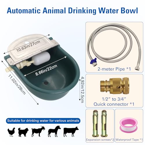 Automatic Livestock Waterer Dog Watering Bowl Animals Water Dispenser with Extended Water Hose 79 in, Quick Connector Adapter and 2pcs Expansion Screws, with Drainage Hole for Horse Cattle Goat Dog