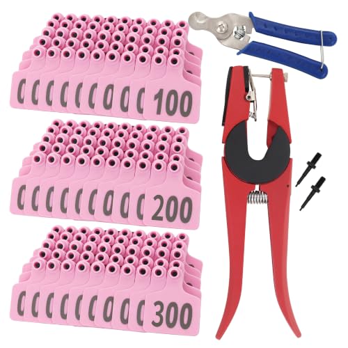 Cattle Ear Tags 001-100 Number Plastic Livestock Animal Tag for Cows Ear Tag Applicator Kit (001-300, Pink) - color: Pink