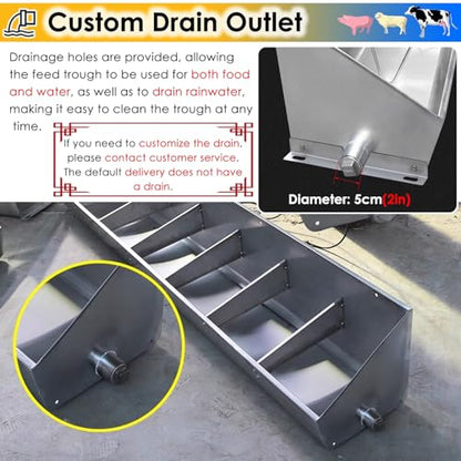 Hanging Heavy Duty Stainless Steel Livestock Feed Trough, 2-in-1 Sloped Opening Fence Feeder for Goats Pigs Sheep Cattle, Easy to Eat - size: 79 inch Long with 10 Bit