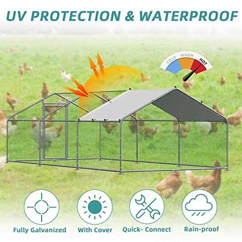 MEETWARM Large Metal Chicken Coop Run, Walk-in Enclosure Poultry Hen Run House, Spire Shaped Chicken Pen with Waterproof & Anti-UV Cover for Outdoor Farm Use(9.8' L x 19.68' W x 6.56' H) - color: 9.8' L x 19.68' W x 6.56' H