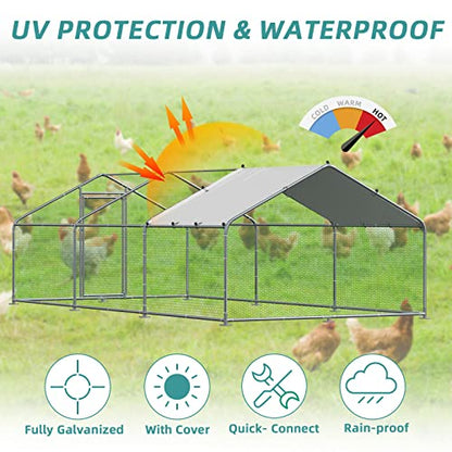 MEETWARM Large Metal Chicken Coop Run, Walk-in Enclosure Poultry Hen Run House, Spire Shaped Chicken Pen with Waterproof & Anti-UV Cover for Outdoor Farm Use(9.8' L x 19.68' W x 6.56' H) - color: 9.8' L x 19.68' W x 6.56' H