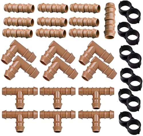 28P Drip Irrigation Fittings Kit (17mm) for 1/2" Tubing (.600" ID), 10 Couplings, 6 Tees, 6 Elbows and 6 Tubing End Closure - Barded Connectors for Drip or Sprinkler Systems(28 Pieces Set) - color: 28pcs-drip irrigation kits