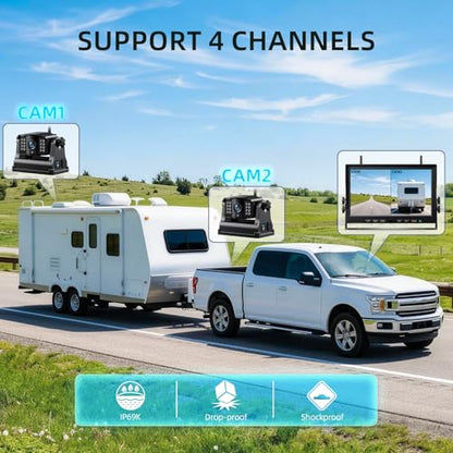 eRapta Magnetic Wireless Backup Camera Kit with HD1080P 10” DVR Monitor, Dual RV/Trailer/Truck/Tractor Cameras Wireless System, No Wiring, 9600mAh Rechargeable Battery, IR Night Vision-ACT1002 - size: 10 inch-2 cameras