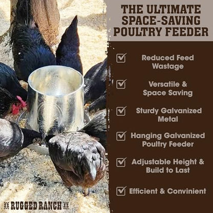 Rugged Ranch Products RuggEgg Ranch 15 Pound Capacity Versatile and Space Saving Hanging Galvanized Poultry Feeder with 3 Position Height Adjustment