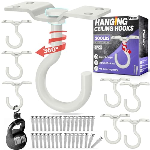 [UPGRADED] 200LBS 8Pcs Rotatable Ceiling Hooks with 4 Screw Points Plate Base, White Wall Mount Metal Hanger for Hanging Plants, Bird Feeders, Lanterns, Lights, Wind Chimes, Indoor Outdoor Decor - style: 8PCS