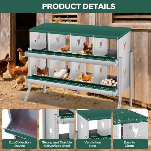 Rustproof Roll Away Two-Tier Design - Chicken Nesting Box for Small Animals - 8 Compartments, Galvanized Steel, Removable Tray & Lid, Wall Mounted or with Legs, Large Vent Holes, Easy Clean - - color: Green | 8 Compartments+legs