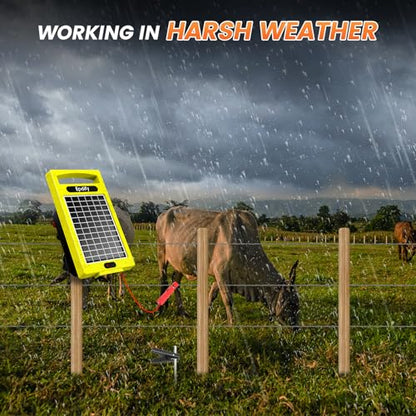 24 Hour Solar Electric Fence Charger, 20 Miles, Up to 10200v Output Range Electric Fence Charger, 0.32J Portable Energizer with Solar Panel for Livestock & Predator Protection - color: Yellow