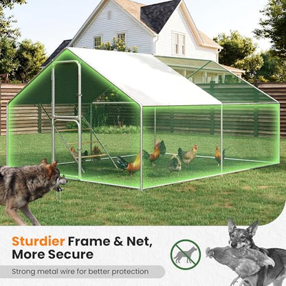 Metal Chicken Coops 13x10 Walk-in Chicken Runs with Chicken Roosting Perch Waterproof Hardware Cloth Cover Poultry Cage with Split Double Door - color: Silver, size: 159.0"L x 79.0"W x 79.0"H
