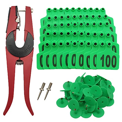 Cattle Ear Tags 001-100 Number Plastic Livestock Animal Tag for Cows Ear Tag Applicator Kit (001-100, Green) - color: Green