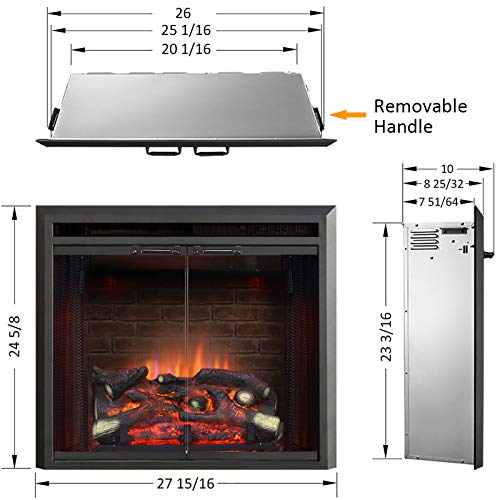 PuraFlame Klaus Electric Fireplace Insert with Fire Crackling Sound Glass Door and Mesh Screen, 750/1500W, Black, 26 Inches Wide, 23 3/16 Inches High, 26 W X 23 3/16 H X 7 51/64 D - size: 26" without Trim