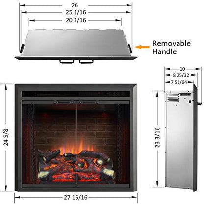 PuraFlame Klaus Electric Fireplace Insert with Fire Crackling Sound Glass Door and Mesh Screen, 750/1500W, Black, 26 Inches Wide, 23 3/16 Inches High, 26 W X 23 3/16 H X 7 51/64 D - size: 26" without Trim