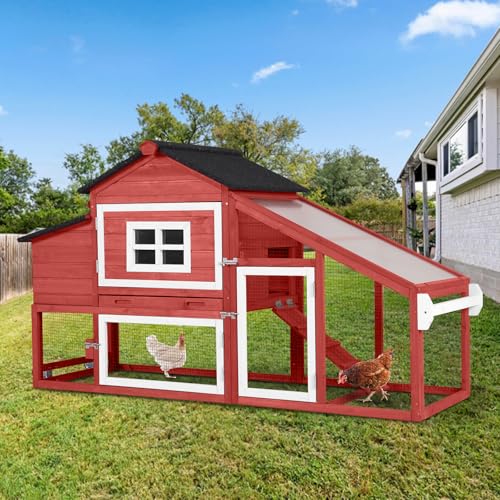 Chicken Coop with Wheels,Outdoor Hen House with Waterproof Asphalt Roof, Wooden Poultry Enclosure with Easy-Clean Slide-Out Tray,Poultry Cage with Nesting Boxes for Duck Rabbit Chicken