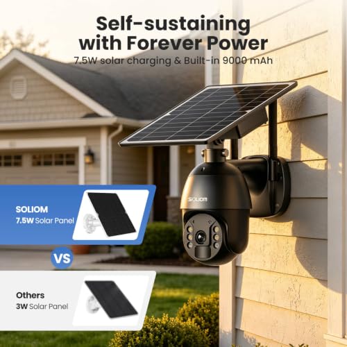 SOLIOM 4G LTE Security Camera, Solar Wireless Cellular Security Camera, 360° Pan Tilt View with Spotlight, 1080P Night Vision, 2-Way Talk, PIR Motion Sensor, No WiFi, Black - color: Black