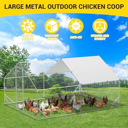 9.8' x 13.1' x 6.6' Chicken Coop Run, Galvanized Steel Chicken Pen with Anti-Ultraviolet Waterproof Cover, Spire-Roof Walk-in Poultry Cage, Metal Chicken Coop for Outdoor Farm Use - size: 9.8' W x 13.1' D x 6.6' H