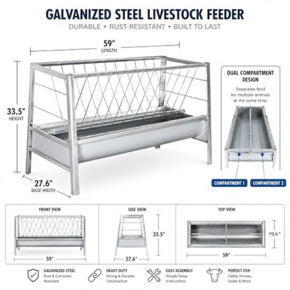 77 Gallon Pasture Feeder, Galvanized Steel 2-in-1 Hay & Grain Feeder, Goat Feeder with Anti-Spill Grid Design, Efficient Feeding for Goats, Sheep, Cattle in Small Farms & Large Breeding Sites