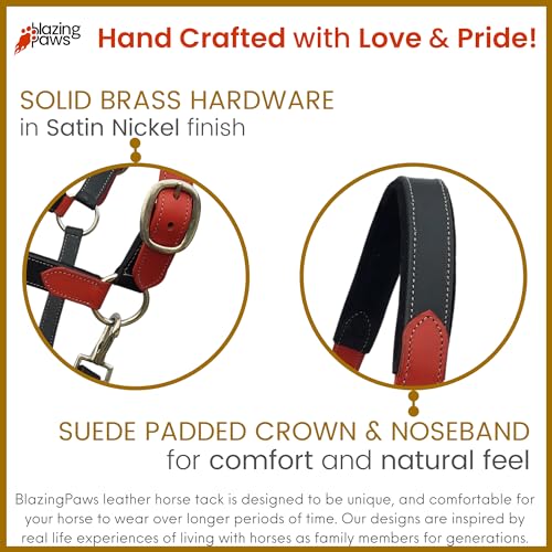 Darlington Luxury Leather Horse Show Halter in Premium Bridle Leather with Soft Suede Leather Padding and Fancy Western Design - color: Red/Black