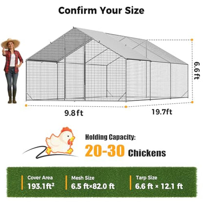 CAMMOO Metal Chicken Coop with Run, 19.7x9.8x6.6ft, Walk-in Chicken Run for Yard with Cover, Upgrade Double Lock & Tough Mesh, Stainless Steel Ties, Easy Assembly, Chicken Pen for Ducks, Rabbits - size: 19.7'L x 9.8'W x 6.6'H