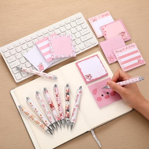 18 Pcs Pig Desk Accessories, 9 Pads Cute Sticky Notes, 9 Kawaii Pens, 3 x 3 Inches Notepads Memo Pad for Office Supplies Meeting Students School Decor Teacher Gifts - style: Piggy