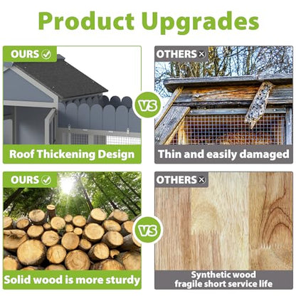 COZIWOW Outdoor Chicken Coop, Wooden Hen House with Nesting Box, Run, Resting Room, Ramp, Pull-Out Tray, Weatherproof, Patio Garden Pen Hutch for Ducks Poultry Pets, Easy to Clean, Gray (Plant Fence)