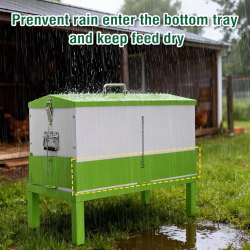Automatic Chicken Feeder Large Capacity No-Waste Waterproof Poultry Feeder | Stainless steel metal feeder port Hens flocks ducks Roosters backyard Coop Outdoor conical Lid rodent rain proof hanging