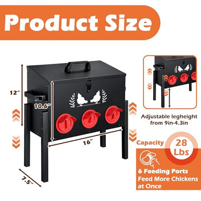 30 LB Large Automatic Chicken Feeder, No Waste Metal Poultry Feeder with 8 Ports, Weatherproof Outdoor Dispenser with Adjustable Legs & Locking Lid for Backyard Chickens, Black