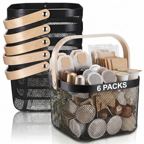 Roshtia Small Black Metal Wire Storage Basket with Wooden Handle, Farmhouse Countertop Organizer Bin for Bathroom, Pantry, Coffee Bar, Shelf Storage, Decorative Basket 8.46 Inch - color: Black, size: 8.46 x 8.46 x 6.5 Inch