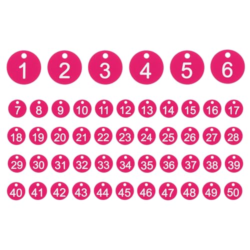 PATIKIL 50PCS Number Tags 1-50, Number Key Tags Plastic Numbered Keychain for Organizer Field Sales Hangers Clothes Labels ID, Rose Red - color: Rose Red