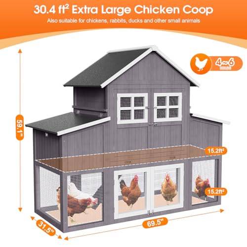 Large Chicken Coop for 6-10 Chickens, Outdoor Predator Proof Wooden Hen House Design with 2 Nesting Boxes and Weatherproof Roof, Easy to Clean Poultry Cage for Outsides