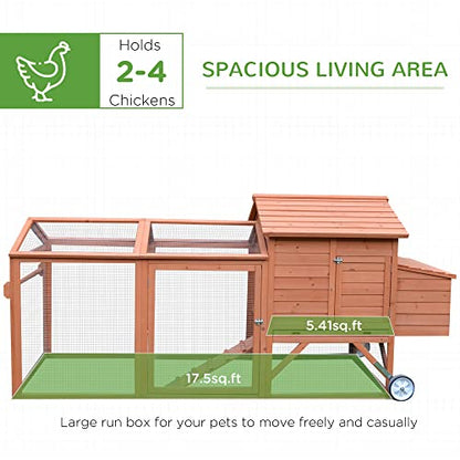 PawHut 96.5" Chicken Coop Wooden Hen House Poultry Cage Pen Portable with Wheels and Nesting Box, Chicken Cage for Backyard Outdoor, Natural - color: Brown