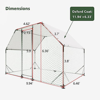 CHIKENCOOP 9.8x6.5x6.5 ft Metal Chicken Coop, Chicken Run with Cover | Walk-in chicken run with a trapezoid-style roof, water-resistant PE cover, galvanized steel frame, and lockable door. - size: 118.0"L x 80.0"W x 79.0"H