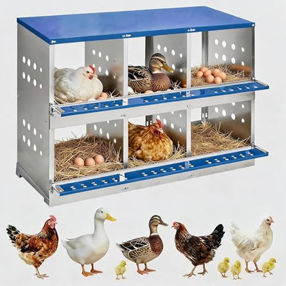 Chicken Nesting Box, 6 Compartment Nesting Boxes for Chickens, Durable Galvanized Steel, Ventilated with Dot Holes, Non-Slip, Wall Mountable Nesting Boxes for Chicken, Partitioned Design, Blue - size: 6 Compartment