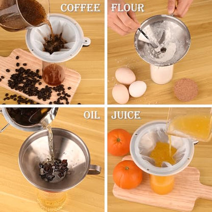 WMKGG 304 Stainless Steel Funnel, 5 Inch Funnels for Kitchen Use Filling Bottles, with 200 Mesh and 100 Mesh Fine Mesh Strainer, for Oils, Juice, Wine, Coffee, Milk, Tea, Powder - size: Funnels+Strainer
