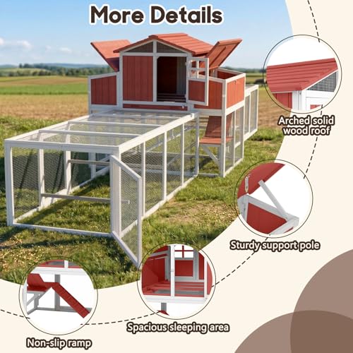 Extra Large Wooden Chicken Coop with Dual Runs for 6–10 Chickens, 2-Tier Elevated Hen House with Nesting Boxes, Expandable Connected Runs, Reinforced Frame, Slide-Out Tray, Red - color: Red