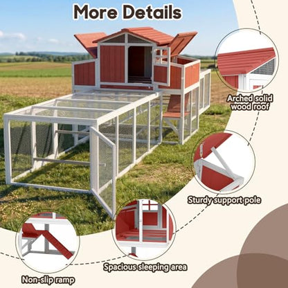Extra Large Wooden Chicken Coop with Dual Runs for 6–10 Chickens, 2-Tier Elevated Hen House with Nesting Boxes, Expandable Connected Runs, Reinforced Frame, Slide-Out Tray, Red - color: Red