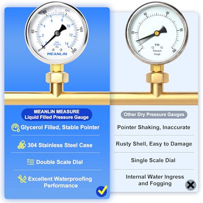 MEANLIN MEASURE 0~200Psi Stainless Steel 1/4" NPT 2.5" FACE DIAL Liquid Filled Pressure Gauge WOG Water Oil Air Lower Mount (Pack of 2), with 1/2" NPT and 3/8" NPT Hex Bushing - size: 0-200Psi (2Pcs)