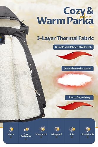 CREATMO US Women's Thicken Sherpa Winter Coat Puffy Warm Snow Jacket With Removable Hood - color: Dark Grey, size: XX-Large