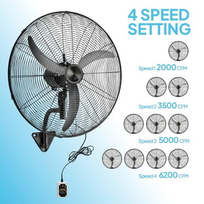Bonnlo 26-inch Wall Mounted Fan with BLDC Motor & Remote Controller, High Velocity Outdoor Fan with Wired Remote, 4-Speed Industrial Wall Fan, Oscillating Wall-mount Fan for Garage, Gym, Patio - size: 26“