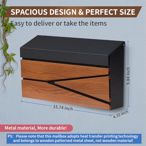 Ydocabinit Wall Mount Mailbox, Large Capacity Mailbox for House, Galvanized Steel Rust-Proof Metal Post Box Drop， Mailboxes for Outside, 15.74"×9.84"×4.33", Black Wooden Patterned Metal Sheet