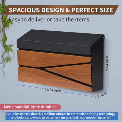 Ydocabinit Wall Mount Mailbox, Large Capacity Mailbox for House, Galvanized Steel Rust-Proof Metal Post Box Drop， Mailboxes for Outside, 15.74"×9.84"×4.33", Black Wooden Patterned Metal Sheet