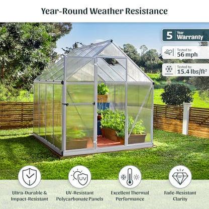 Canopia 6x8 Greenhouse Kit, Hobby Walk-In Twin-Wall UV Polycarbonate Heavy Duty Aluminum Frame, Lockable Door, Adjustable Roof Vent, Rain Gutters, Galvanized Steel Base, Mythos (Silver) - color: Silver, size: 6 Ft. x 8 Ft.