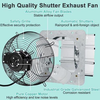 12 Inch Shutter Exhaust Fan with Thermostat and Speed Controller, Wall Mounted Vent Fan for Attic, Greenhouse, Shed, Garage, Chicken Coop, Shop Ventilation, 960 CFM, 1400 SQF Coverage Area - size: 12 Inch