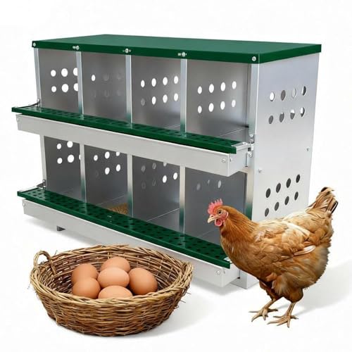 GarveeLife Wall-mountable Roll Away Metal Chicken Nesting Box for Laying Eggs, Rustproof Chicken Laying Boxes for Hens, Ventilated with Perch, Waterproof (Green, 8 Compartments with 8 Fake Eggs) - color: Green, size: 8 Compartments with 8 Fake Eggs