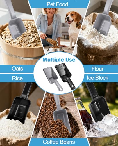 2-Pack Dog Food Scoop Set,1 Cup and 2 Cup Plastic Pet Food Measuring Scoops with Clear Measurement Lines,Multi-Purpose Pet Food Scooper for Dogs, Cats (Grey and Black) - color: Grey and Black