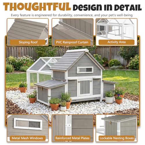 Large Chicken Coop with Run for 4-6 Chickens– Wooden Chicken House with 4 Nesting Boxes, Predator-Reinforced Design, 3 Roosting Perches, Poultry Hen Cage for Backyard Flock - style: 83"L x 58"W x 39.5"H