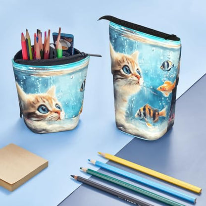 Cat and Fish Kids Standing Pencil Case Girls Boys Telescopic Stationary Pouch with Zipper Large Capacity Stand up Pen Bag Portable Makeup Holder for Children School Students Office Supplies - color: Cat and Fish